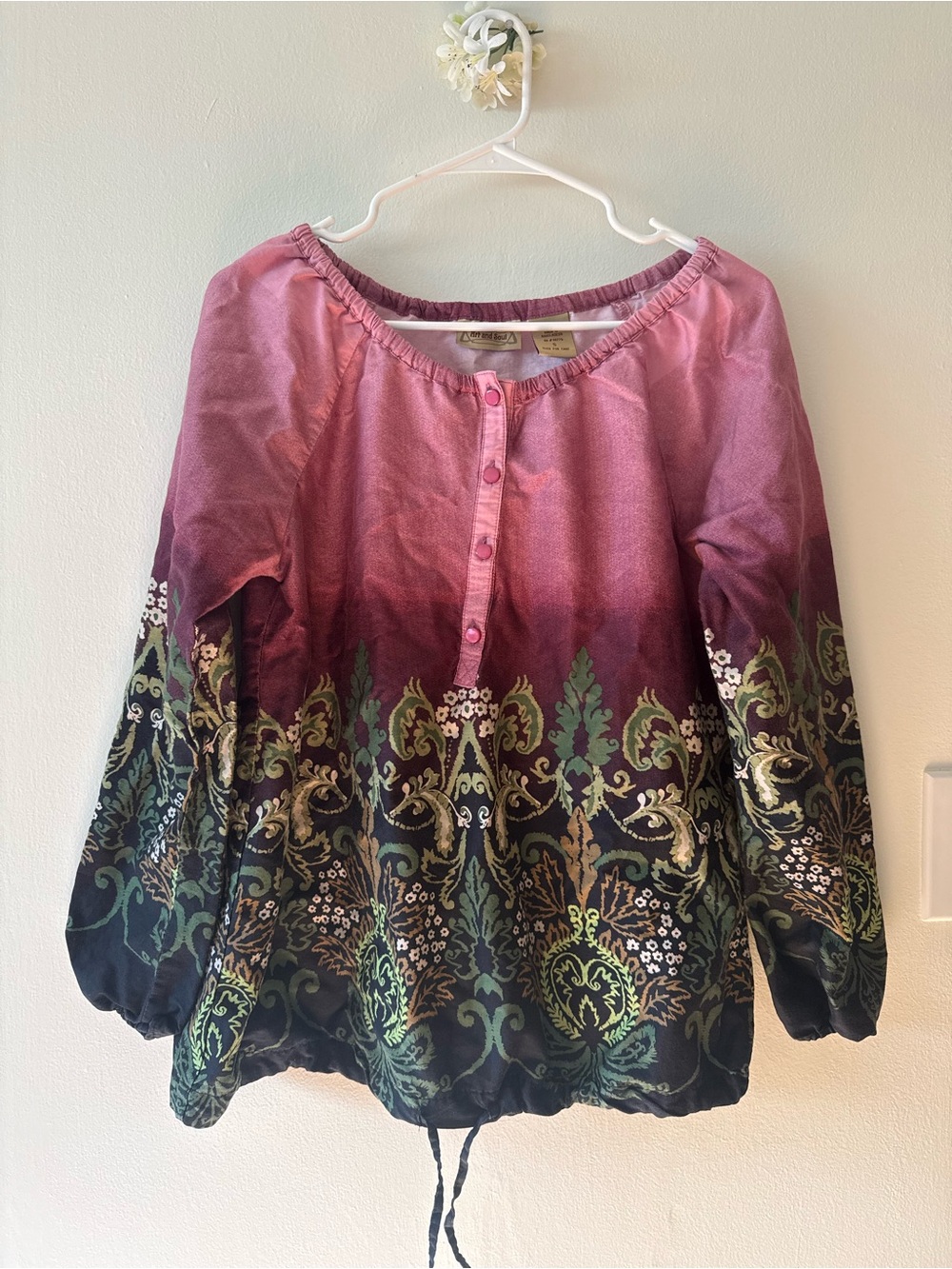 Art And Soul Ombre Pink to Black Peasant Tunic with Green-Gold Scroll Print